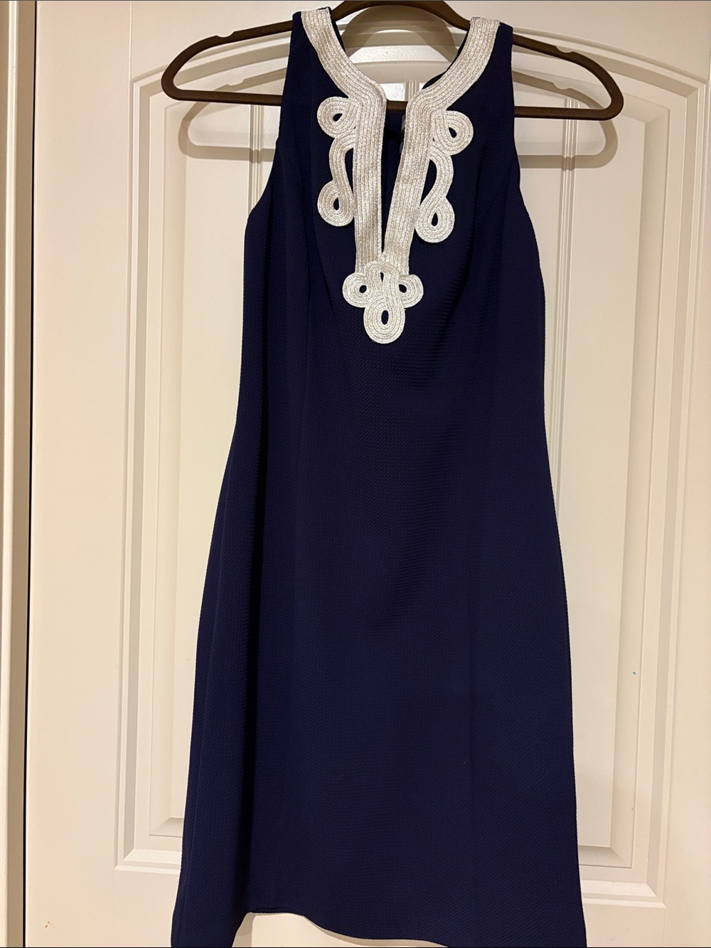 Vince Camuto Navy Shift Dress with Gold Embellished Neckline
